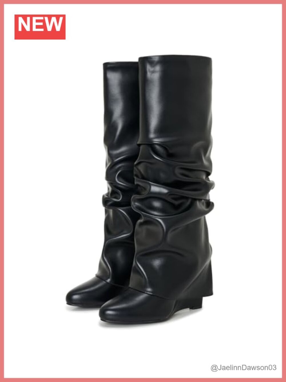Fold Over Knee High Shark Boots 4-Inch Wedge Heel Pull-On PU Faux Leather